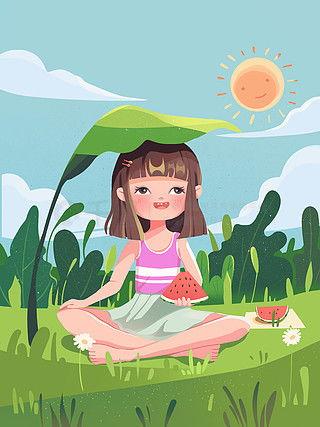 卡通麦田吃瓜女孩,卡通女孩的欢乐田园生活